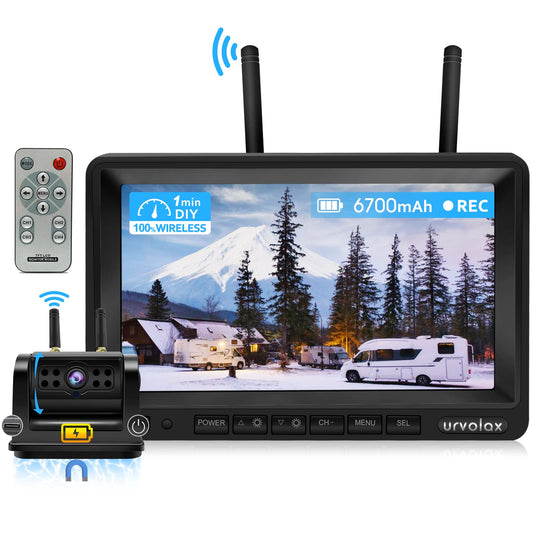 URVOLAX 100% wireless backup camera, 6700mAh rechargeable battery, magnetic mount, DIY installation, 7-inch FHD monitor, video recording for truck, camper, RV, car.