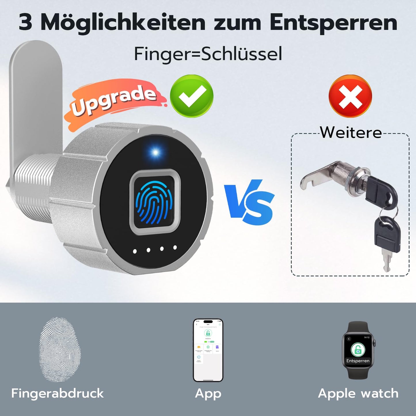 Fingerprint lock, Eseesmart mailbox lock, furniture lock with fingerprint APP, electronic cabinet lock with 3 locking tongues, drawer lock for locker house office 30mm.