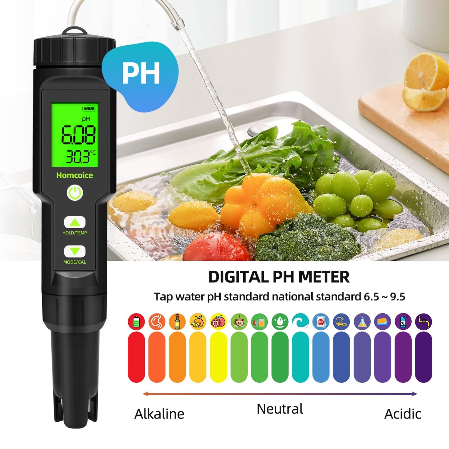 Homcoice 5 in 1 pH meter TDS EC SALT Temperature pH Value meter IP67 waterproof, Pool pH Tester 0.01 high-precision digital water tester Drinking water with ATC function