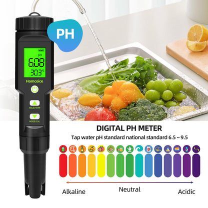 Homcoice 5 in 1 pH meter TDS EC SALT Temperature pH Value meter IP67 waterproof, Pool pH Tester 0.01 high-precision digital water tester Drinking water with ATC function