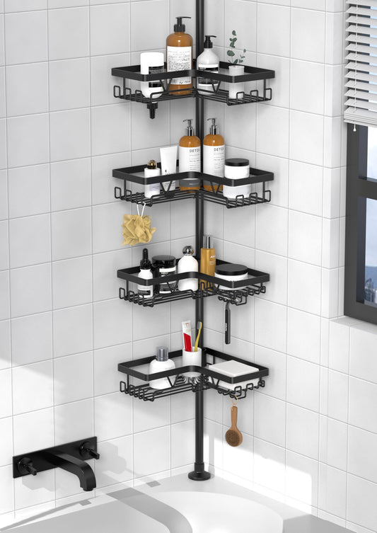 Kegii Telescopic Shower Shelf Telescopic Shelf Bathroom Shower Caddy Corner Shelf for Shower and Bathtub Black, 4 Pieces - Telescopic Bathroom Organizer