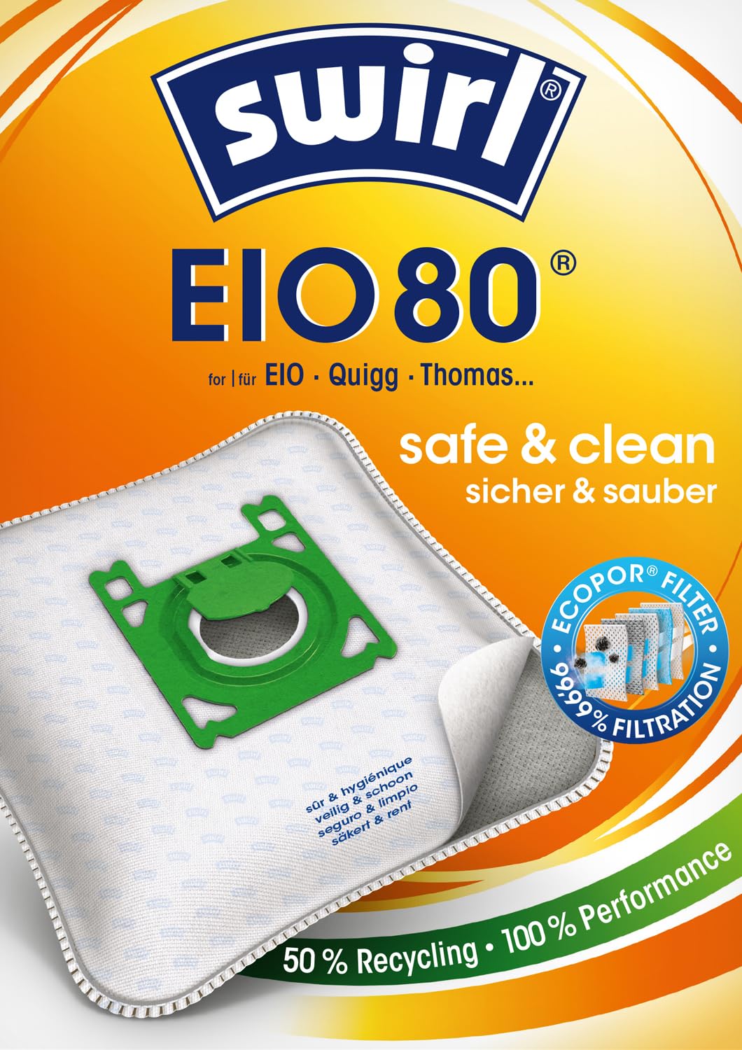 Swirl EIO 80 EcoPor vacuum cleaner bags (10 bags), tear-resistant dust bags for some EIO, Dirt Devil, Edeka & Thomas vacuum cleaners, in an environmentally friendly outer packaging, 99.9% filtration of household & fine dust.
