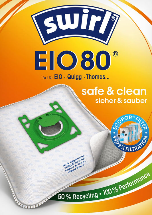 Swirl EIO 80 EcoPor vacuum cleaner bags (10 bags), tear-resistant dust bags for some EIO, Dirt Devil, Edeka & Thomas vacuum cleaners, in an environmentally friendly outer packaging, 99.9% filtration of household & fine dust.