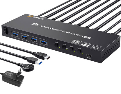 YOUTINGHDAV USB 3.0 KVM Switch HDMI 4 Port, 4K@60Hz simulating EDID KVM Switch 4 PC 1 Monitors, HDMI 2.0 KVM Switches sharing 4 USB 3.0 devices mouse keyboard printer, with wired remote and 5 cables.