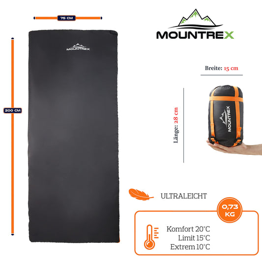 MOUNTREX® Sleeping Bag - Small pack size & ultralight (700g) Summer Blanket Sleeping Bag - Outdoor summer sleeping bag - Camping, travel, festivals - Can be zipped together