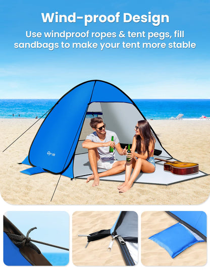 Glymnis Pop Up Beach Tent with Zipper Door UV Protection 50+ Windproof Compact Size Blue Beach Tent