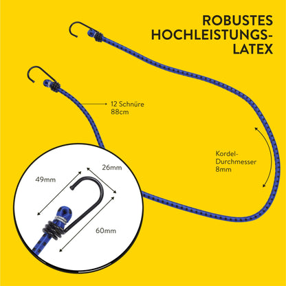 PRETEX 12-pack Universal Bungee Cords with Hooks - 88 cm long rubber straps set - 12x bike tie-down straps - Bungee Cord Set - Blue