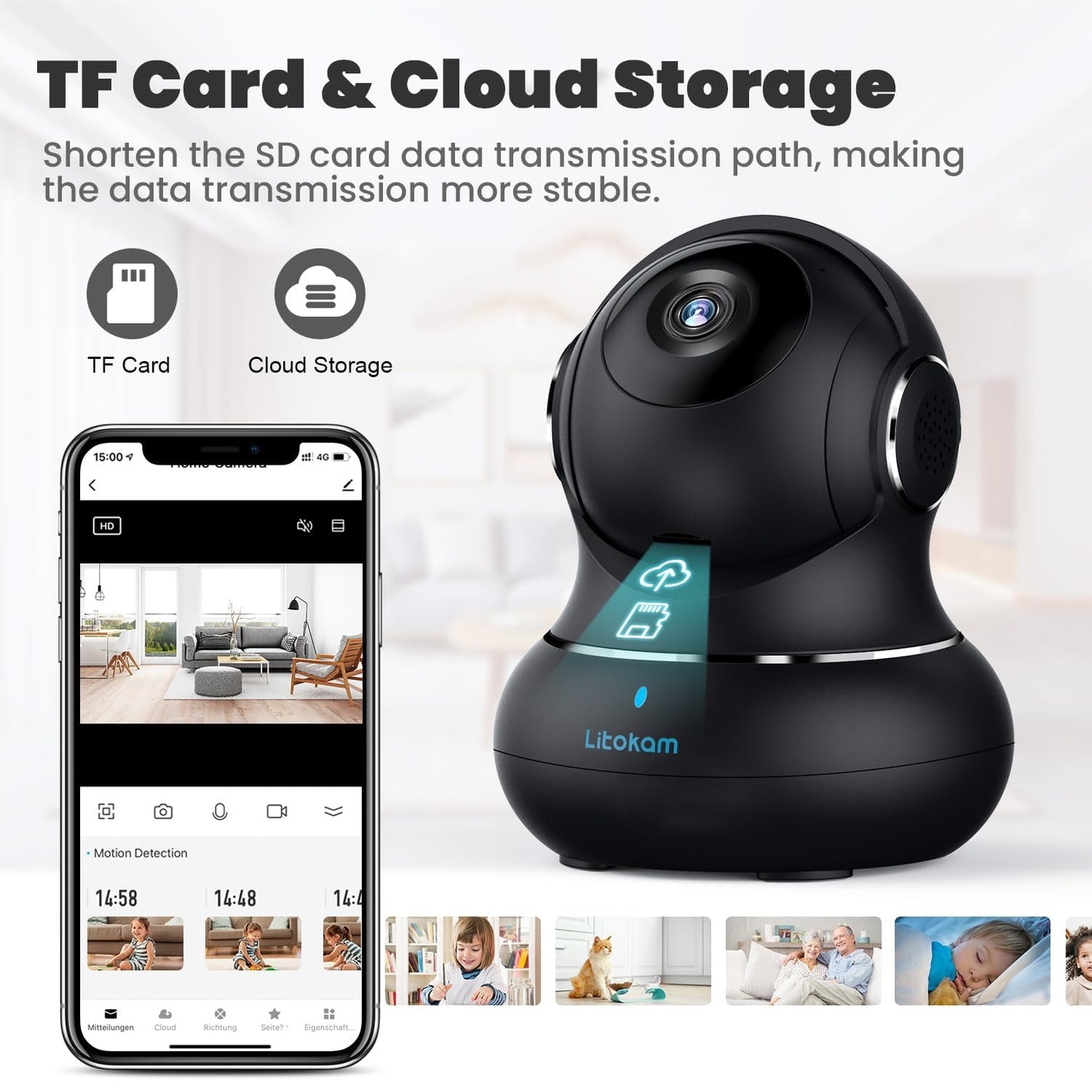 litokam Little Elf Surveillance Camera, 2K Baby Monitor Camera with Motion Detection, WiFi Camera Surveillance Indoors with Night Vision, 360° Dog Camera with APP 2-Way Audio, for SD & Cloud Storage