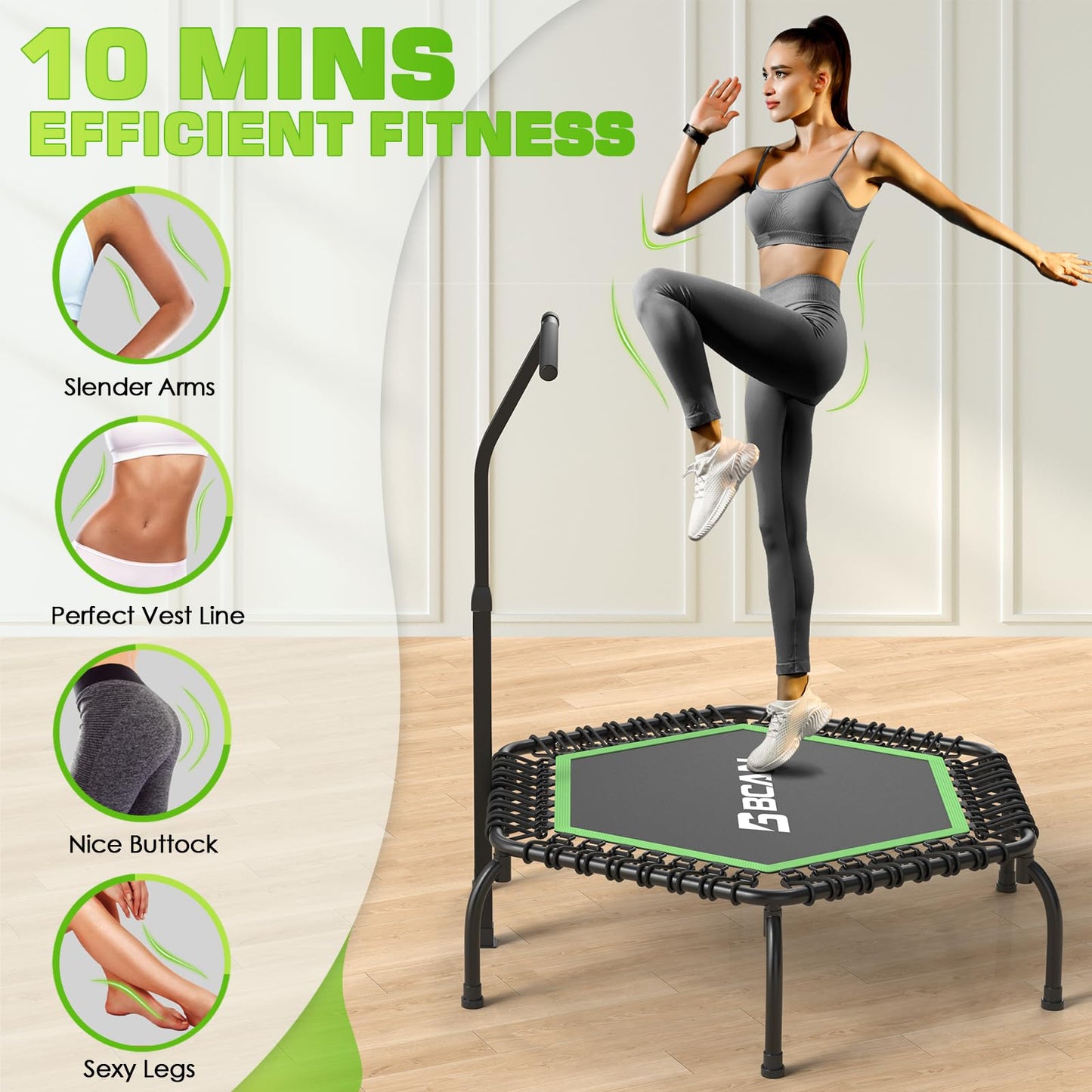 BCAN Fitness Trampoline Indoor Ø 122 cm, Trampoline for Adults up to 250 kg, Ground Trampoline with Adjustable T-Handle & 42 Bungee Cords, Quiet & Low in vibrations.