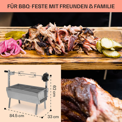 Klarstein 2-in-1 Rotisserie Grill with motor, mini, with rotating spit, electric spit grill for chicken & suckling pig, spit grill with stainless steel grate, charcoal grill with wheels.