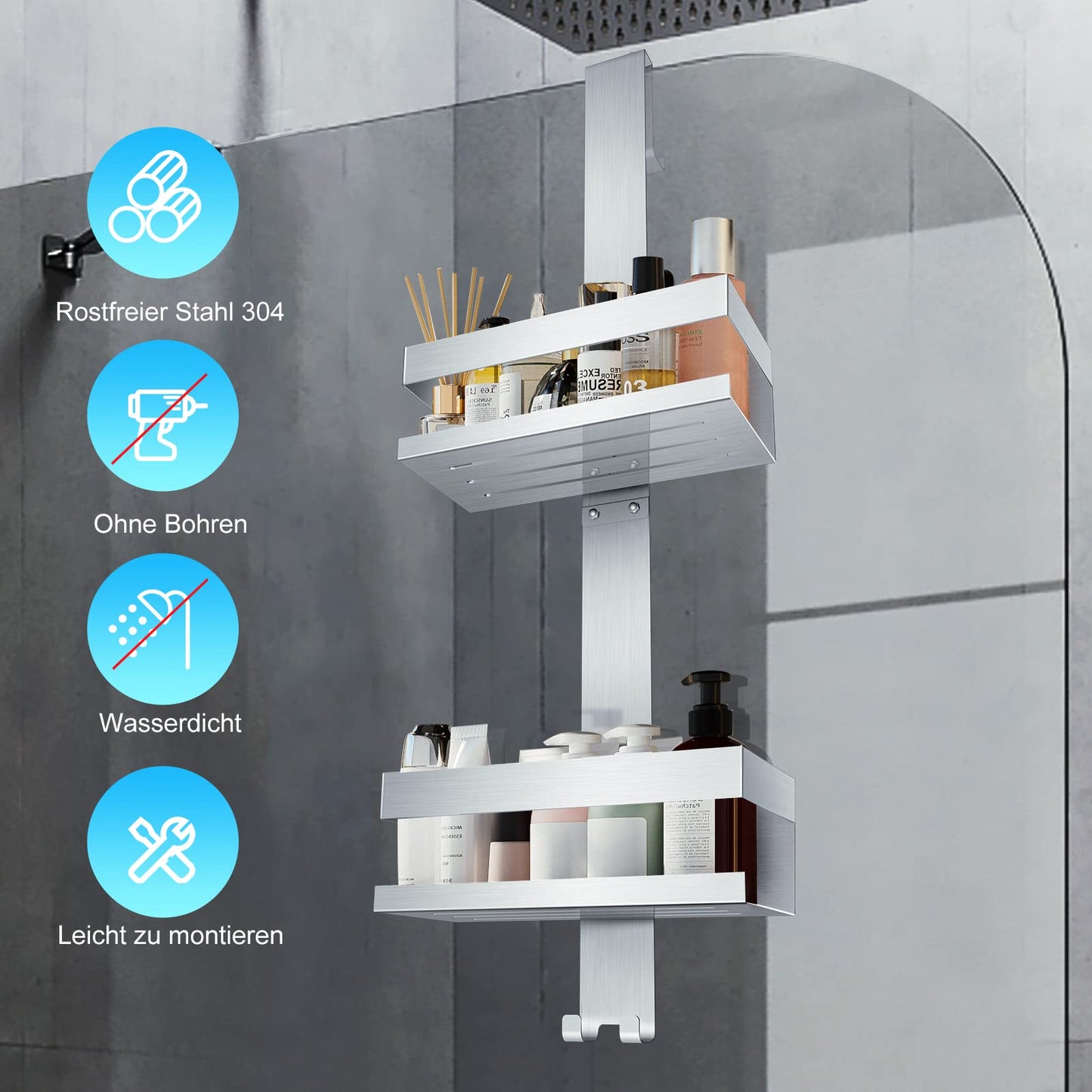 Uuleever hanging shower caddy, stainless steel SUS304, no drilling for frameless glass door, shampoo holder for shower (Style A - Silver).
