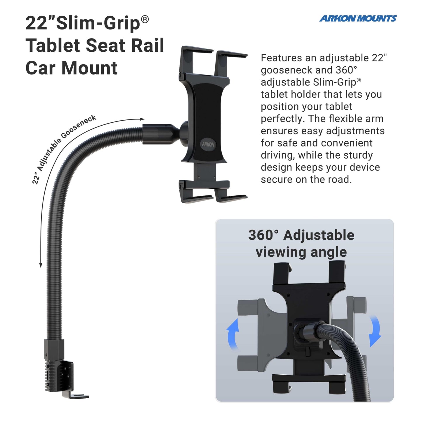 ARKON - Car seat rail or floor tablet mount with 56 cm long arm for iPad Pro, iPad Air 2, iPad Retail, Black