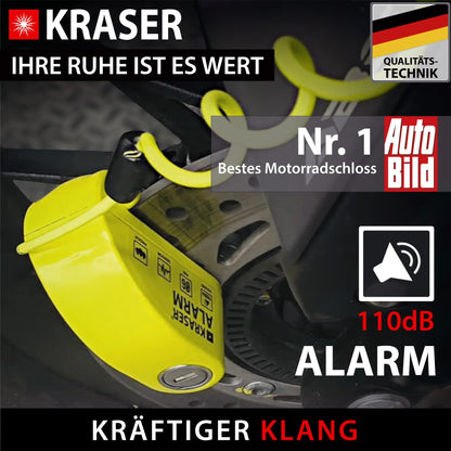 KRASER KR6Y Brake Disc Lock with Alarm 110 dB, Reinforced, 3 keys (2 spares) High Security Motorcycle Lock, Waterproof, 1.5m Reminder Cable, Bag, Universal Motorcycle Lock, Bike Lock
