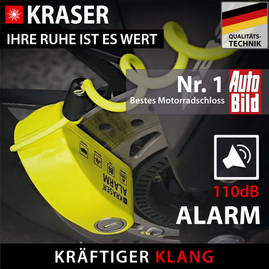 KRASER KR6Y Brake Disc Lock with Alarm 110 dB, Reinforced, 3 keys (2 spares) High Security Motorcycle Lock, Waterproof, 1.5m Reminder Cable, Bag, Universal Motorcycle Lock, Bike Lock