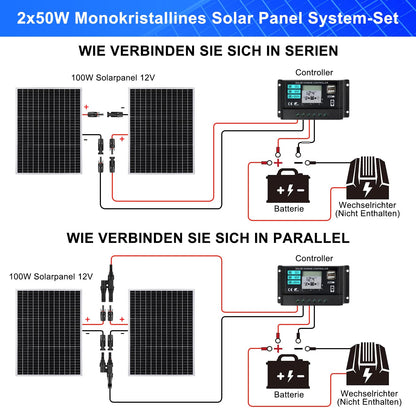 100W Solar Panel 12V Kit: DERUXI 100W Solar Panel 12V Kit includes 2pcs 50W monocrystalline solar panels, 10A solar charge controller, and 4pcs extension cables. Perfect for RVs, campers, and boats.