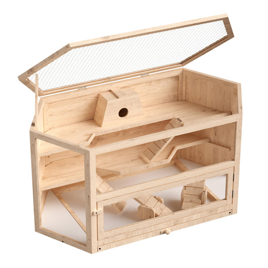 Wiltec XXL 3 level rodent cage, hexagonal, 1150 x 600 x 580 mm, made of wood, with foldable lid & viewing window, small animal house mouse cage hamster cage