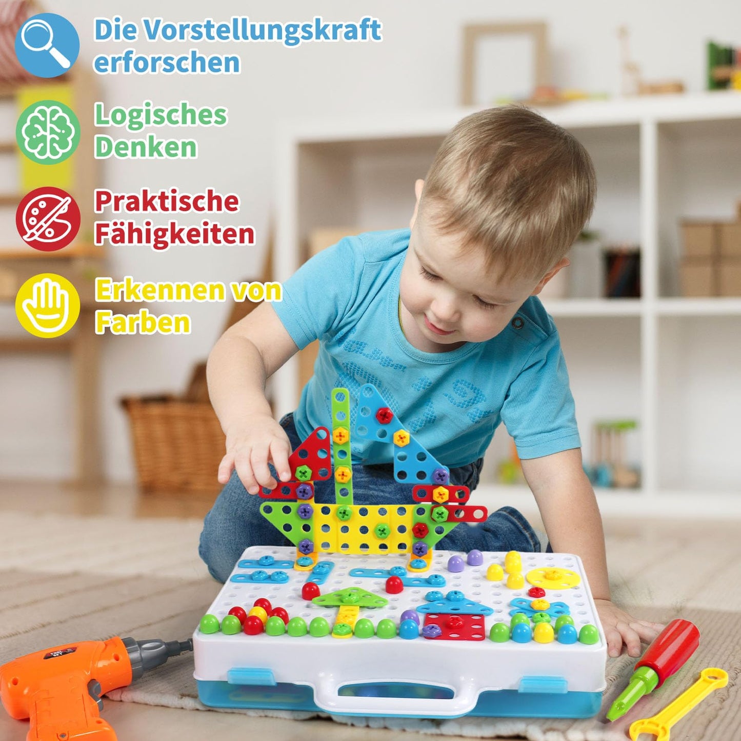 Toys for 3 years and up mosaic building set with electric drill screws building game kids tool Montessori toy puzzle for 3 years and up screwdriver gifts for 3-4 year old boys 224 pieces.