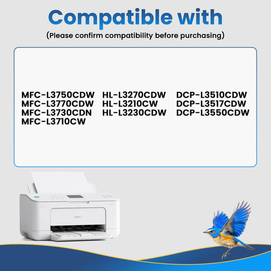 Jhaan TN-243CMYK compatible toner for Brother MFC-L3750CDW, DCP-L3550CDW, MFC-L3770CDW, HL-L3210CW, HL-L3230CDW, MFC-L3710CW. TN 243CMKY TN247 TN-247 TN-243 (4-pack) for Brother printers.