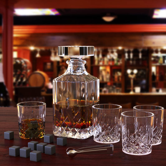 Cieex Whiskey Decanter Set, 750ml decanter with 4 x 220ml whiskey glasses, 12 stones, beautiful gift box. Father's Day gift for men. Transparent.