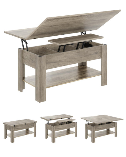 Height-adjustable coffee table, 3-in-1 multifunctional living room table, hidden storage, open shelf, can be used as a dining table, for living room, office, gray