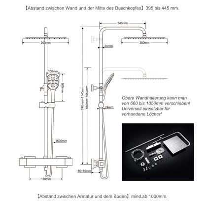 JOHO Thermostat Shower Set Shower System Rain Shower Shower Set Shower Mixer with 304 Stainless Steel Shower Head (Square 30x30cm)