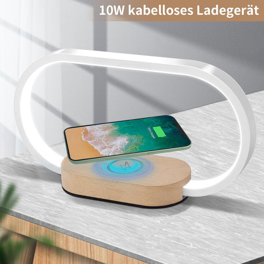 Bedside lamp with charging function, touch dimmable bedside lamp with USB charging, 10W wireless charger, 3 color modes, cordless table lamp for bedroom living room office, wood & white.