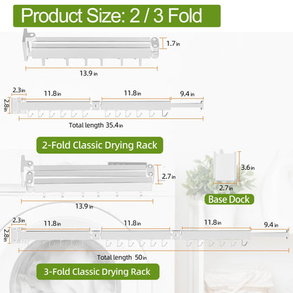 Kelisiting retractable clothes drying rack, 2-folded, white, space-saving, foldable, durable, for laundry, balcony, bathroom, patio, dorm, apartment.