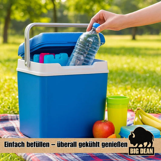 Cooler box including 12 cooling packs. 24-liter cooler box with battery for up to 11 hours of cooling.