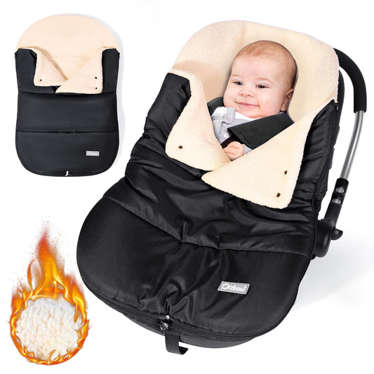 Orzbow Footmuff Infant Car Seat Winter,Universal Wraparound Infant Car Seat Winter Blanket with Adjustable Collar,Warm Berber Fleece Lining,Zipper,Fits Maxi-Cosi,Cybex,Romer, etc. (Black)