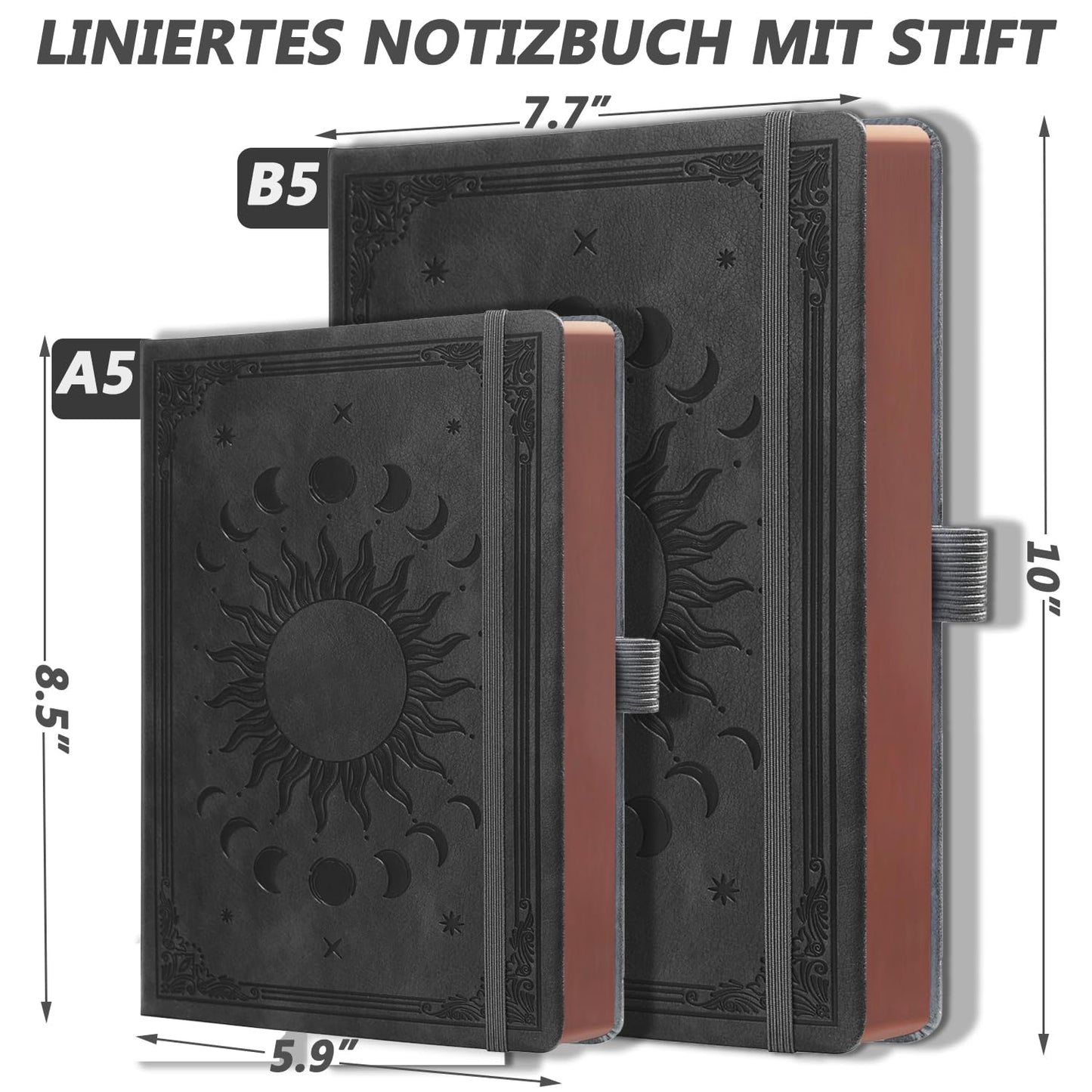HwxBen Journal notebook for women and men, 360 pages leather hardcover in vintage sun & moon design, dark gray, 19.6 x 25.4 cm.