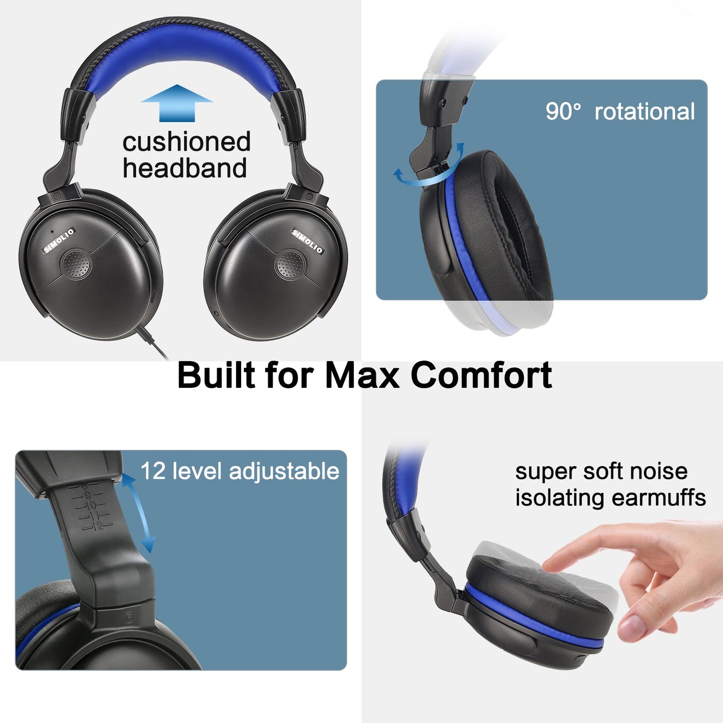 SIMOLIO TV headphones with long cable, over-ear headset for TV with sound amplification, tone and volume controls, 18ft coiled cable with clip, 3.5mm AUX & RCA audio, 40 hours playback time, SM-905TV.