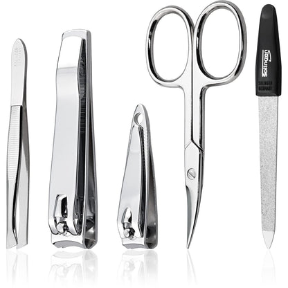 MarQus 5-piece nail set for men and women - file from Solingen - for manicure and pedicure, nail case elegant - nessesair super compact with small and large clippers
