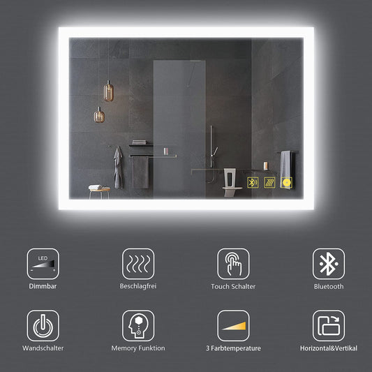 AI-LIGHTING Bathroom Mirror with Lighting 80 × 60 cm Lighted Bathroom Mirror with Bluetooth Speaker / 3 Light Colors / Outlet / Defogger Illuminated Mirror for Bathroom