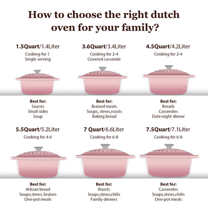 Overmont Enamel Cast Iron Dutch Oven 26cm - Oven safe with lid and cookbook - for kitchen baking roasting stewing Pink