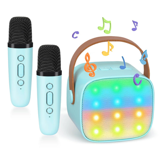 Karaoke machine for kids, mini karaoke system with 2 microphones, portable Bluetooth speaker with voice effects & LED lights, gifts toy for 3-12 year old girls and boys.