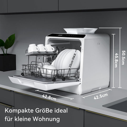 Hermitlux table dishwasher, mini dishwasher can be used with or without water connection, 43 cm wide, space for 4 place settings, suitable for camping, 175 kWh/year, white
