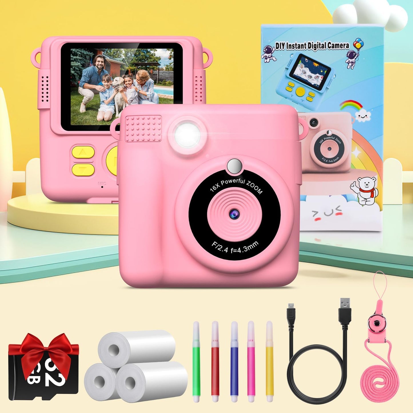 GREENKINDER Kids Camera Instant Camera, 1080P 2.4 Inch Screen Instant Camera for Kids with Printing Paper & 32GB Card, Digital Camera for Kids with Colored Pens Gift for Girls 3-12 Years