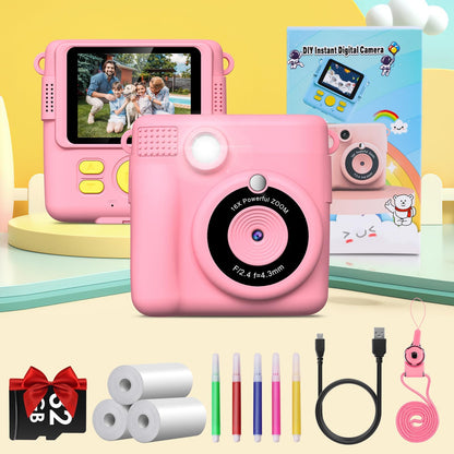 GREENKINDER Kids Camera Instant Camera, 1080P 2.4 Inch Screen Instant Camera for Kids with Printing Paper & 32GB Card, Digital Camera for Kids with Colored Pens Gift for Girls 3-12 Years