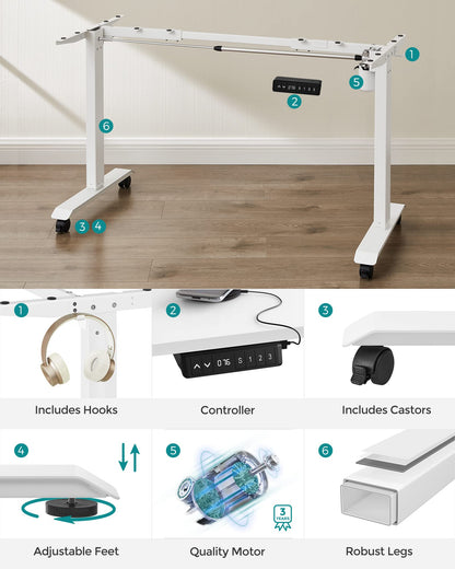 SONGMICS electric height adjustable desk frame, desk stand, without tabletop, with hooks, infinitely adjustable, memory function, steel, white LSD018W01