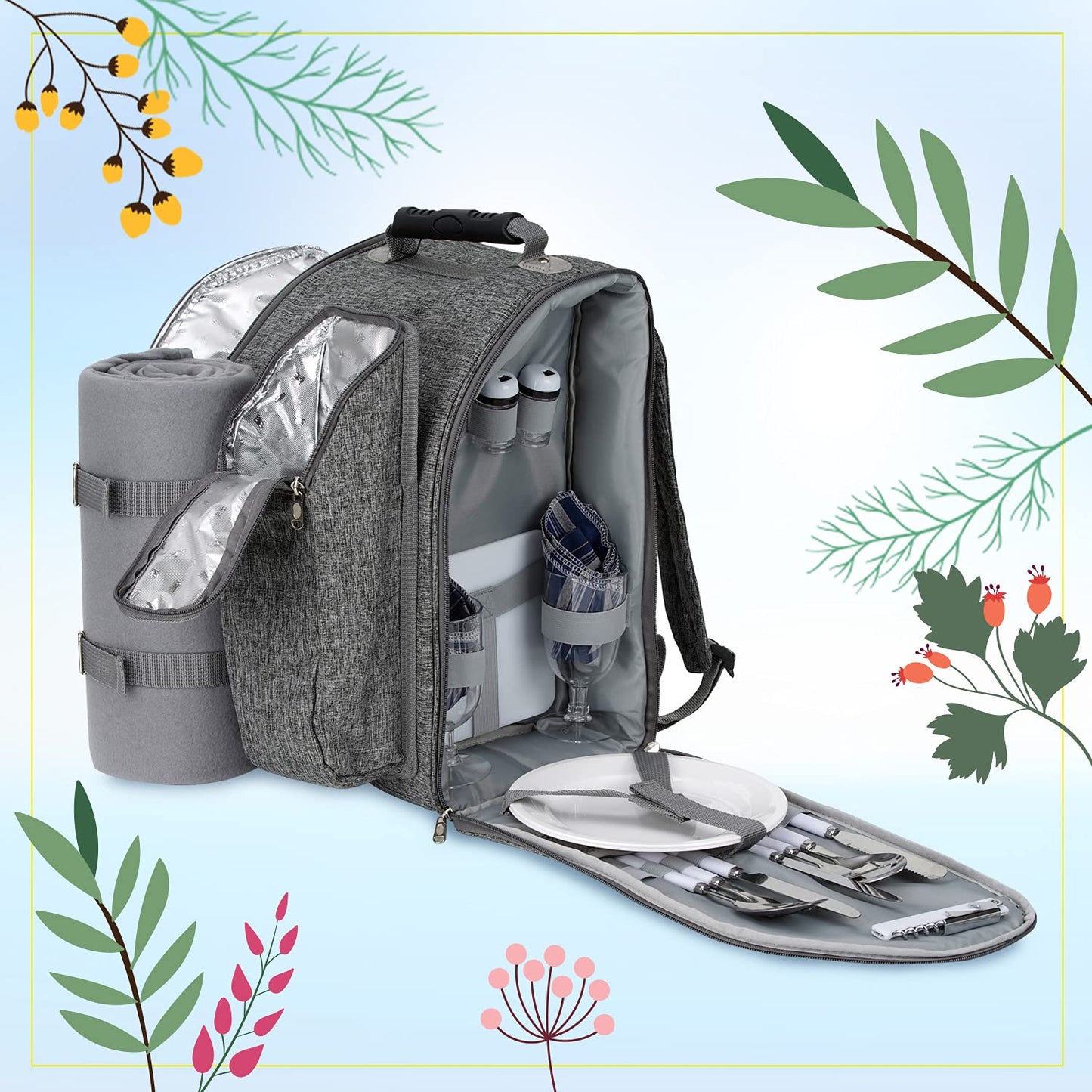 BRUBAKER picnic backpack for 2 people in grey, 28 × 40 × 22 cm - with cooler compartment, insulated bottle holder, and fleece blanket with waterproof bottom.