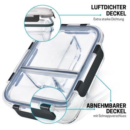 Igluu Meal Prep Glass Food Storage Containers with BPA-free lid (3-pack) - microwave, oven, freezer, dishwasher safe, leak-proof - 980 ml - 3 compartments - durable borosilicate glass.