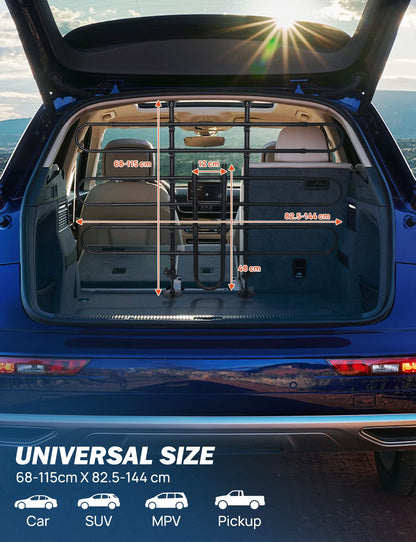 JOYTUTUS Dog Barrier for Car Trunk, Pet Safety Divider with Adjustable Width and Headrest Attachment, Universal Fit for Most Vehicles.