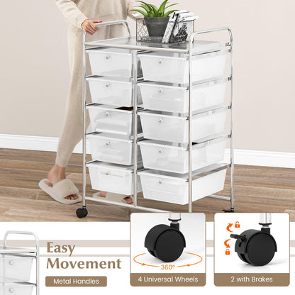COSTWAY rolling cart with 10 stackable drawers, drawers cart with metal frame and shelf, bathroom trolley storage cart for office, living room, 65.5 x 37 x 87 cm.