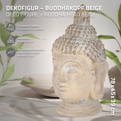 ECD Germany Buddha Figure 78 cm Beige/Grey, artificial stone polyresin, head statue sculpture decorative figure Feng Shui artificial stone decoration garden figure Asia decorative object stone figure, for home and garden