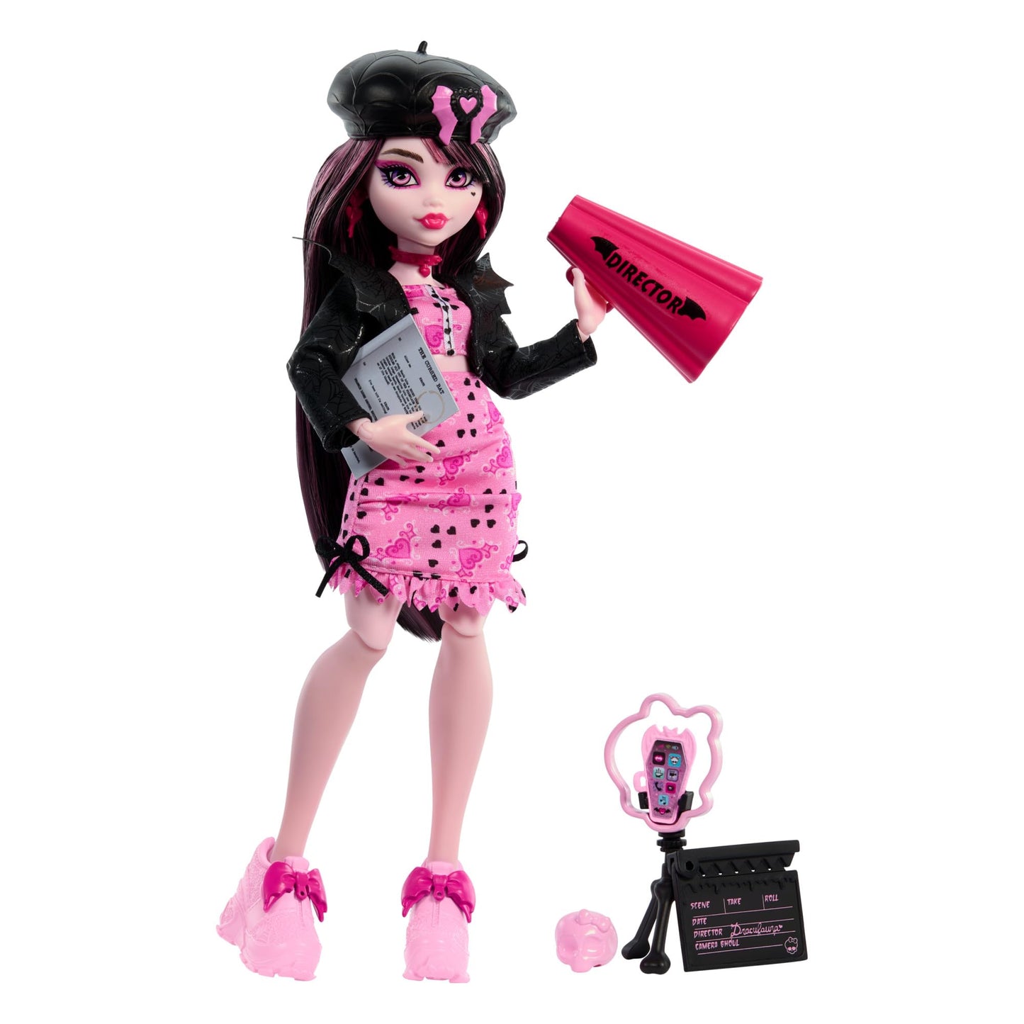 Monster High Fearbook Draculaura set with doll and accessories featuring a film club theme, varsity jacket, yearbook, screenplay, and movie props.