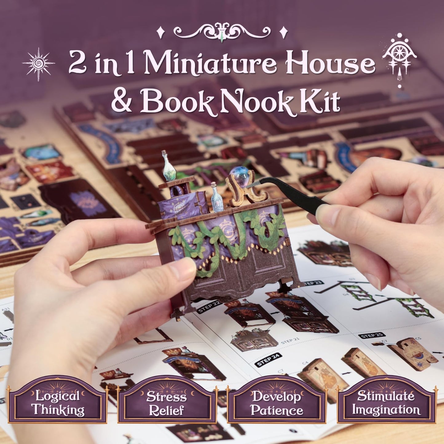 CUTEBEE Book Nook Kit - DIY dollhouse houses, build miniature house for adults, 3D wood puzzle & bookend | creative set for bookshelf decor | gift (The Astrology Bookshop)