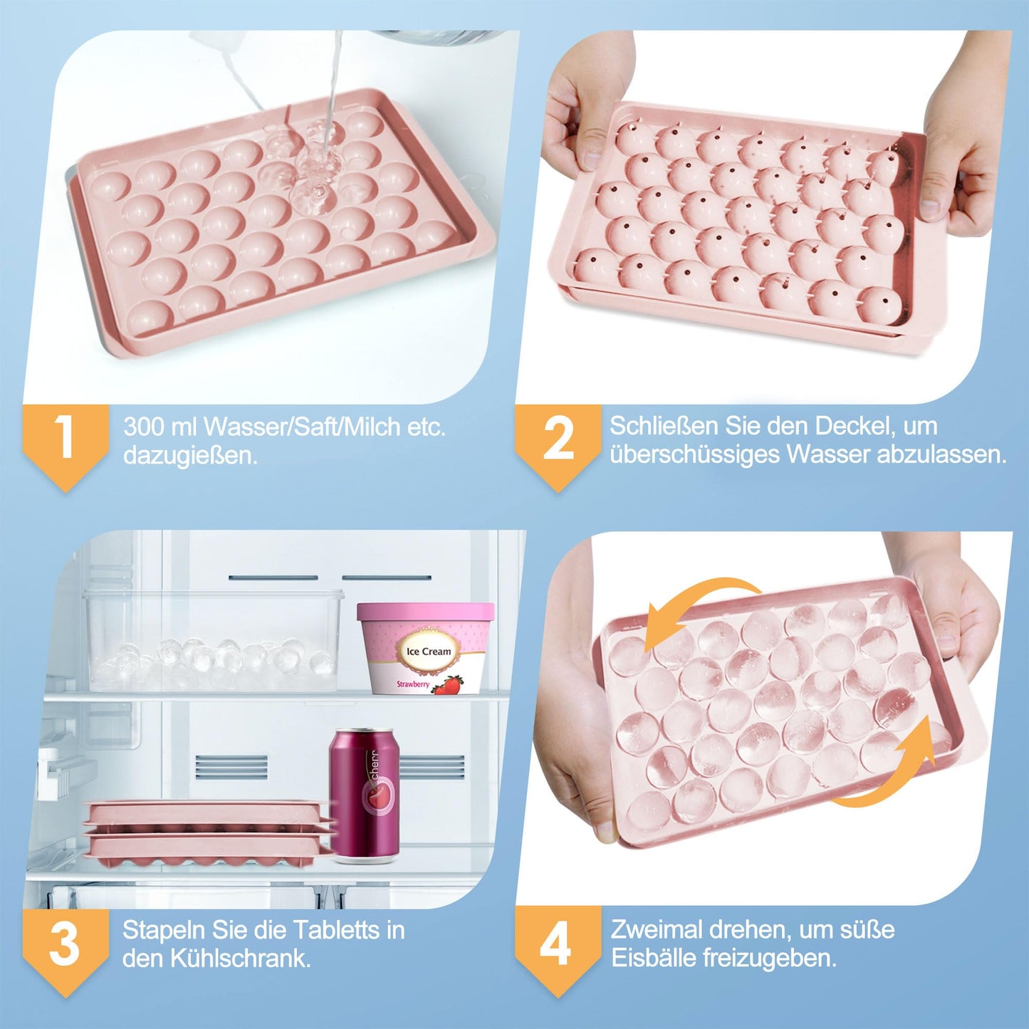 WIBIMEN Round Ice Cube Tray, 2.5 cm x 66-Piece Ice Cube Tray for Freezer with Container, Mini Circular Ice Cube Tray, Sphere Shape, Ice Cooling, Tea and Coffee (Pink)