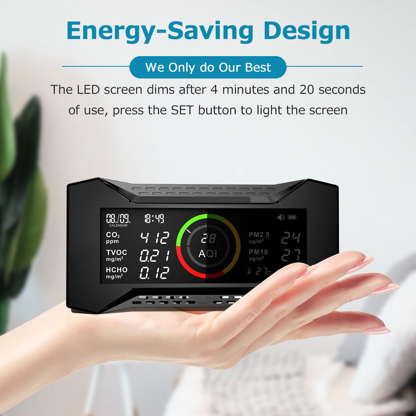 Therm La Mode air quality monitor, CO2 monitor room air with TVOC PM2.5 PM10 AQI HCHO Temp. Humidity AQI, air quality monitor & air quality detector with NDIR sensor carbon dioxide monitor