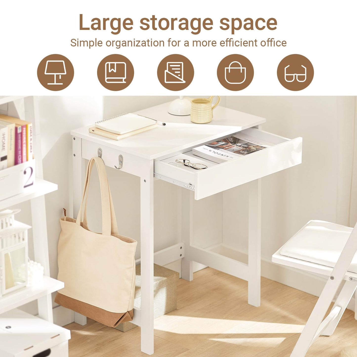 SoBuy Compact Desk Computer Desk with 1 Drawer and 2 Hooks Small Table for Home Office Workstation PC Desk Furniture for Study White 60x77x40cm FWT43-W