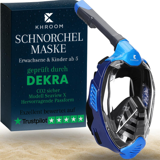 Khroom snorkel mask for adults & kids, DEKRA certified CO2 safety | Full-face Seaview X dive mask | Snorkeling gear/alternative to snorkel set (S/M, Blue)